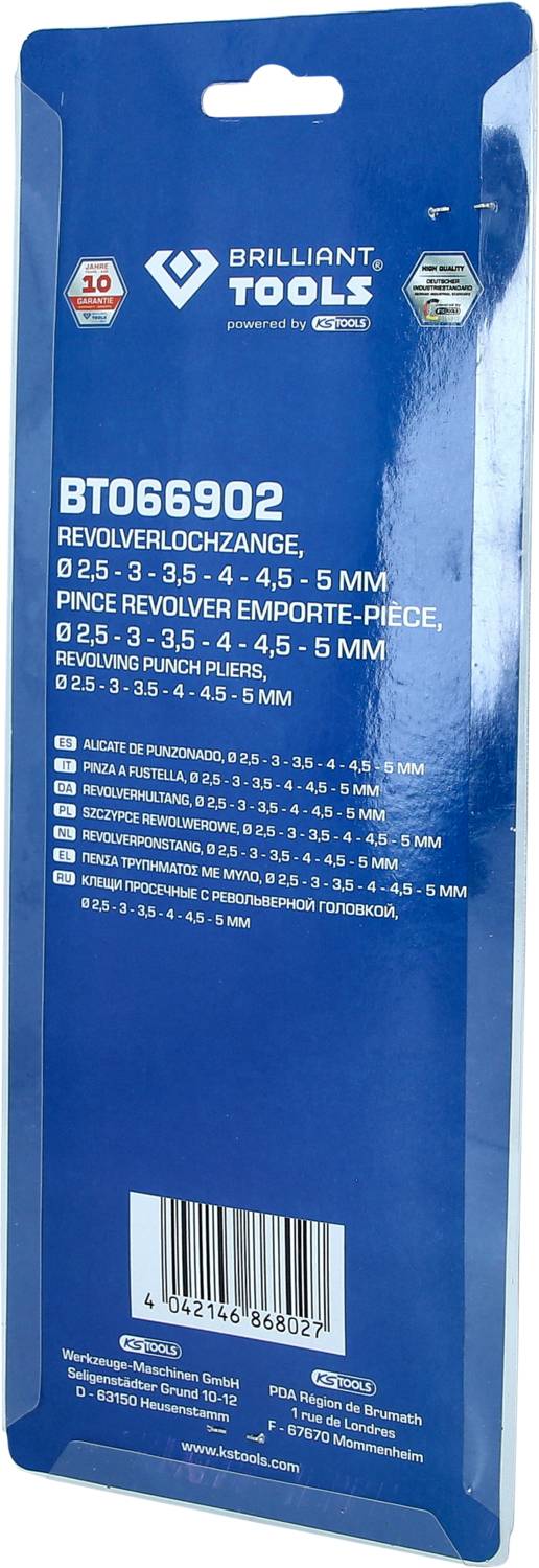 Verpackung einer Revolverlochzange von Brilliant Tools, Modell BT066902, für Lochgrößen 2,5 bis 5 mm, blau bedruckt.