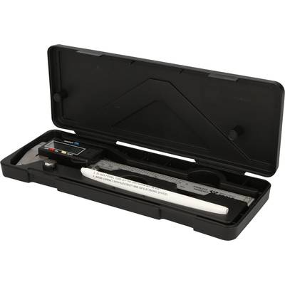 Schieblehre in einem schwarzen Etui, digital mit LCD-Anzeige, geeignet für präzise Messungen.