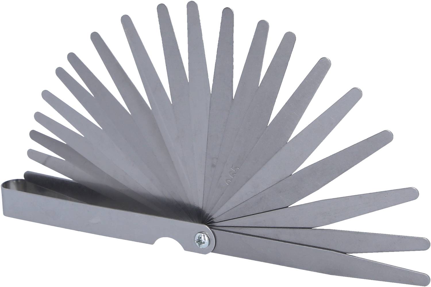 Fühlerlehre mit aufgefächerten Metallblättern zur Messung von Spaltbreiten.