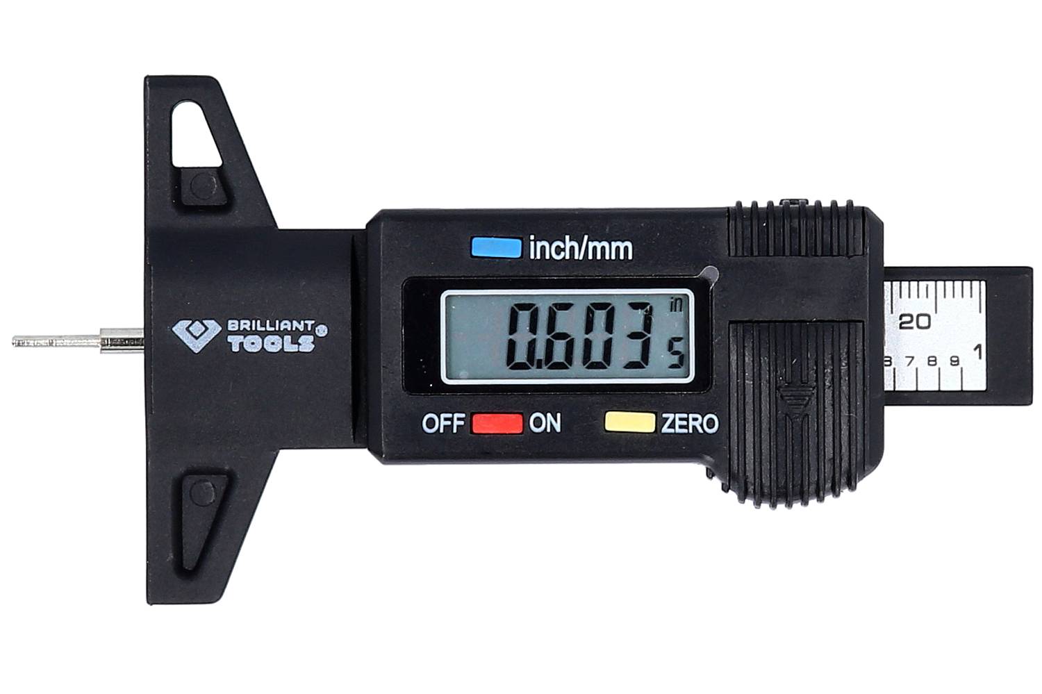 'Digitaler Messschieber mit Display zeigt 0,603 Zoll. Schieberegler auf der rechten Seite, Knöpfe und Einheiten um 0 anzupassen.'