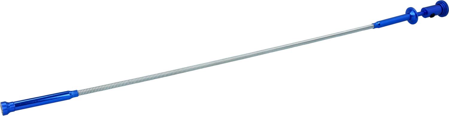 Ein blauer mechanischer Greifer mit langem, biegsamem Griff, geeignet zum Aufnehmen von kleinen Gegenständen an schwer zugänglichen Stellen.