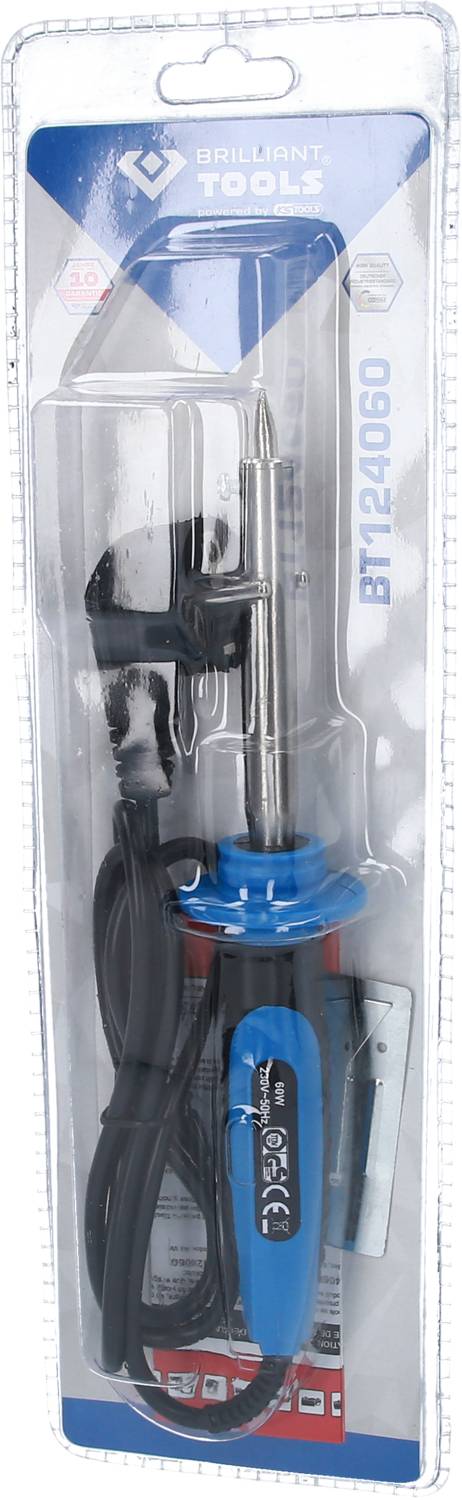 'Elektrolötkolben in Verpackung, blaues Griffstück, inklusive Zubehör wie Lötkolbenhalter und Lötspitze. Verpackung mit Werkzeugmarkenlogo.'