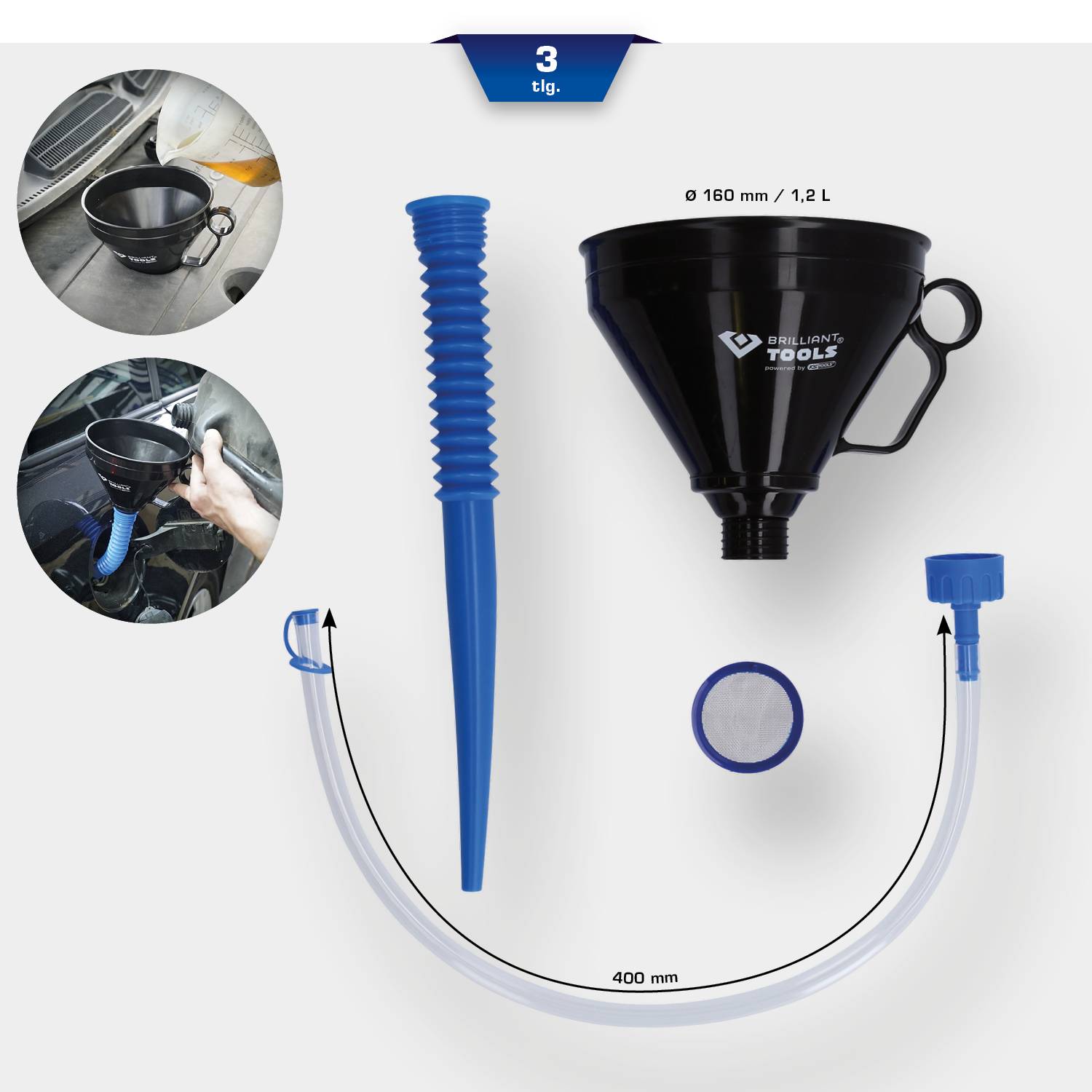 Dreiteiliges Trichterset: schwarzer Trichter, blauer flexibler Auslauf, 400 mm Schlauch, ideal zum einfachen Umfüllen von Flüssigkeiten.