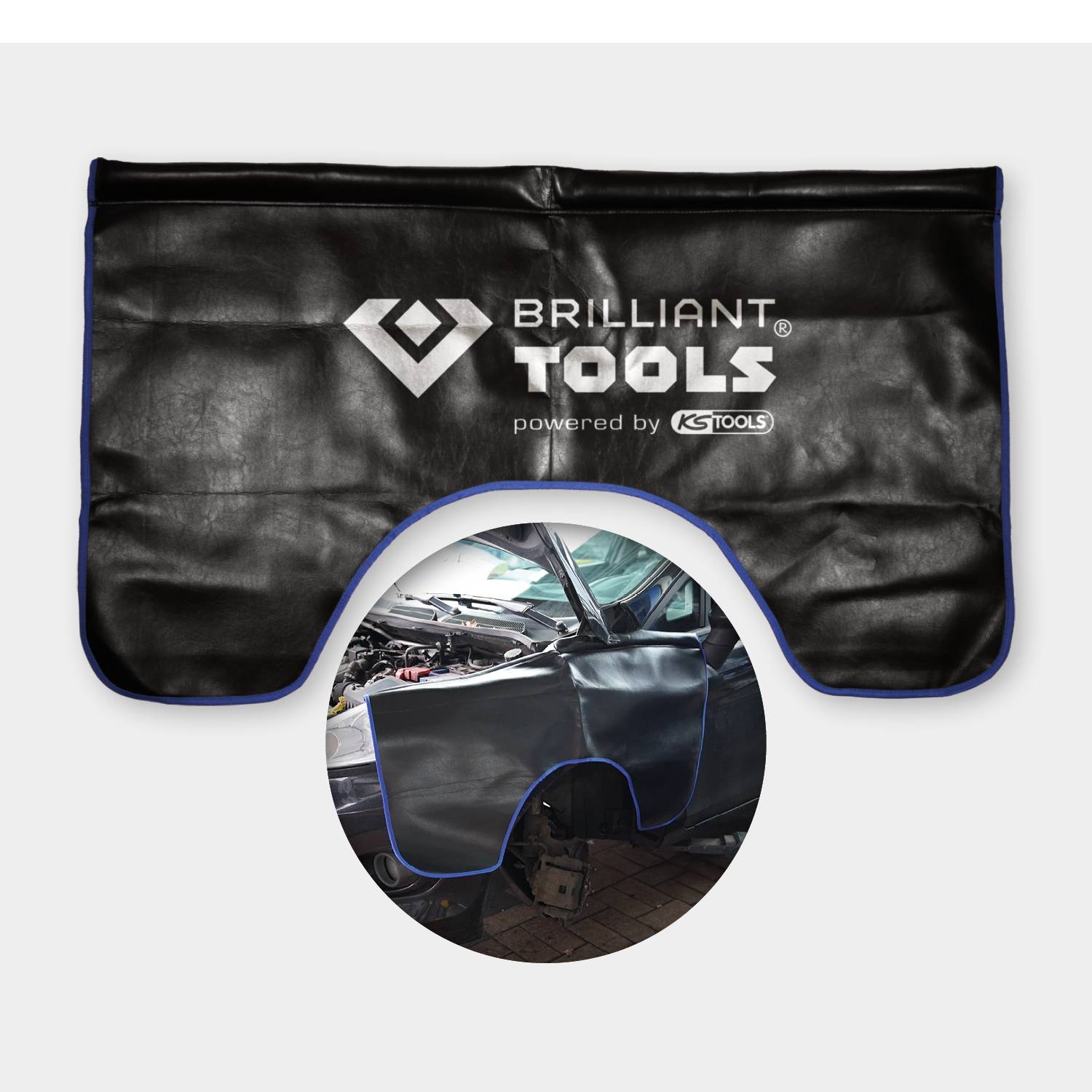 Schwarze, gepolsterte Schutzdecke mit 'Brilliant Tools' Logo, die auf einem Auto befestigt ist, um den Lack bei Reparaturen zu schützen.