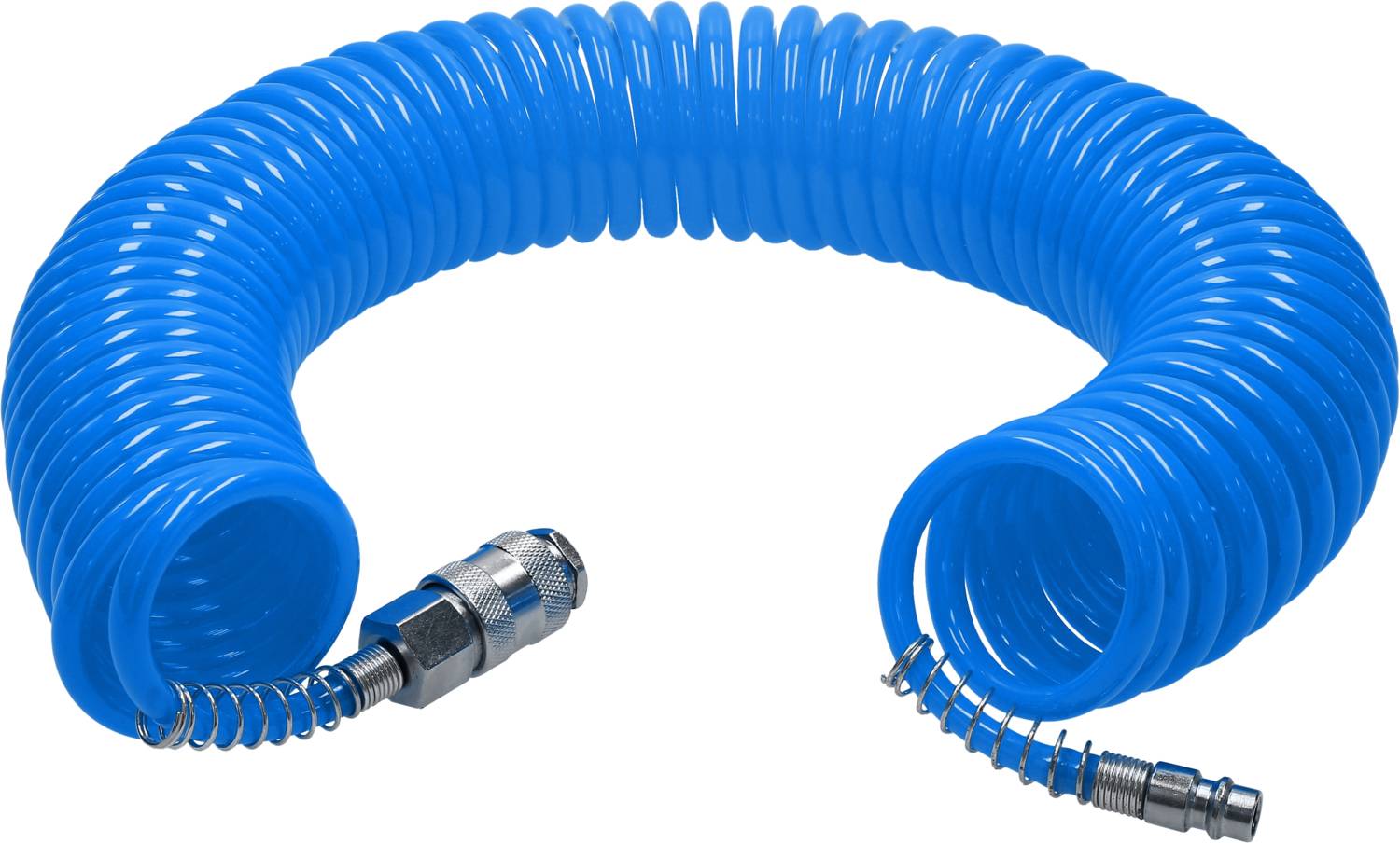 Blauer Spiralschlauch mit Metallanschlüssen an beiden Enden, aufgerollt in kreisförmiger Form.
