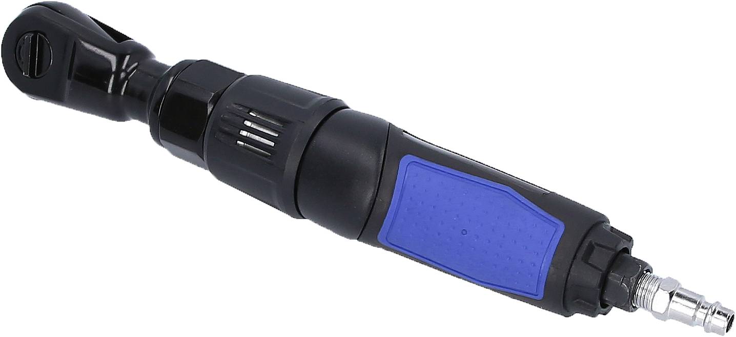 Ein schwarzer pneumatischer Schlagschrauber mit blauem Griffaufsatz, entworfen für den Einsatz in Kfz-Werkstätten zur Befestigung von Schrauben.