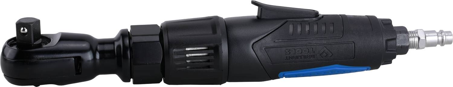 Ein schwarzer Druckluft-Ratschenschrauber, horizontal platziert, mit einem blauen Griffdetail und einem metallischen Anschlussstück.