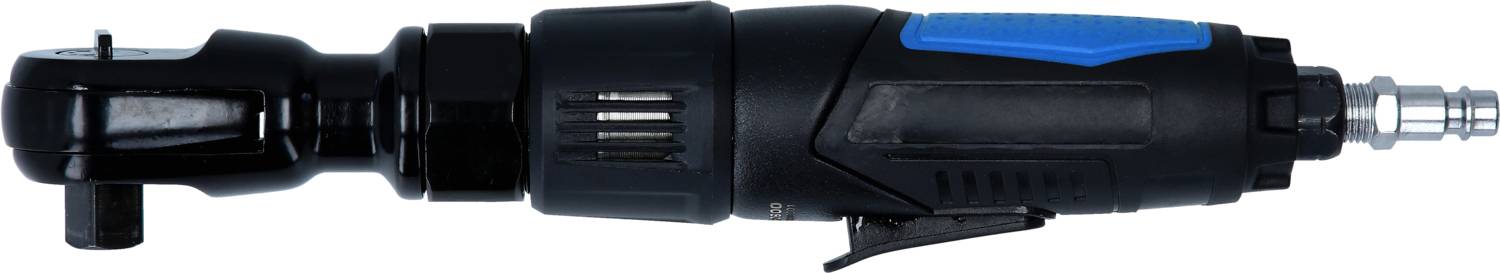 Druckluft-Ratschenschrauber mit schwarzem Gehäuse und blauem Griff zeigt die seitliche Ansicht. Geeignet für Werkstattarbeiten.