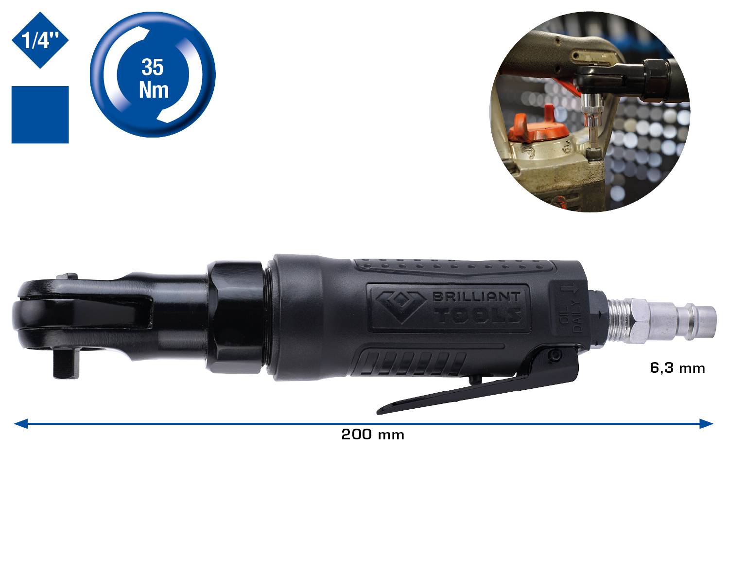'Druckluft-Ratschenschrauber' mit Gummigriff, 35 Nm Drehmoment, Längenskala zeigt 200 mm, rundes Detailbild des Betriebs.