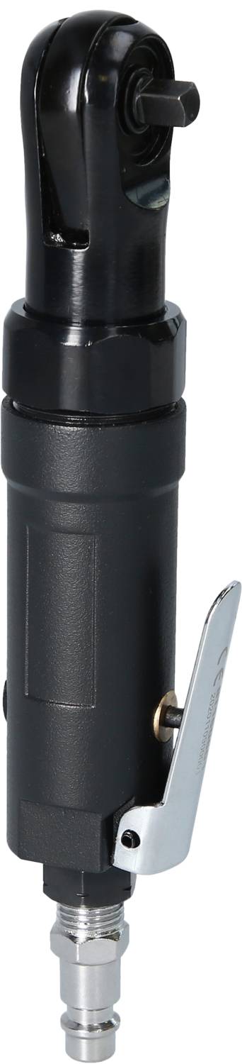 Ein schwarzer pneumatischer Ratschenschrauber mit Metallhebel unten, zum Festziehen von Schrauben, dargestellt in vertikaler Ausrichtung.