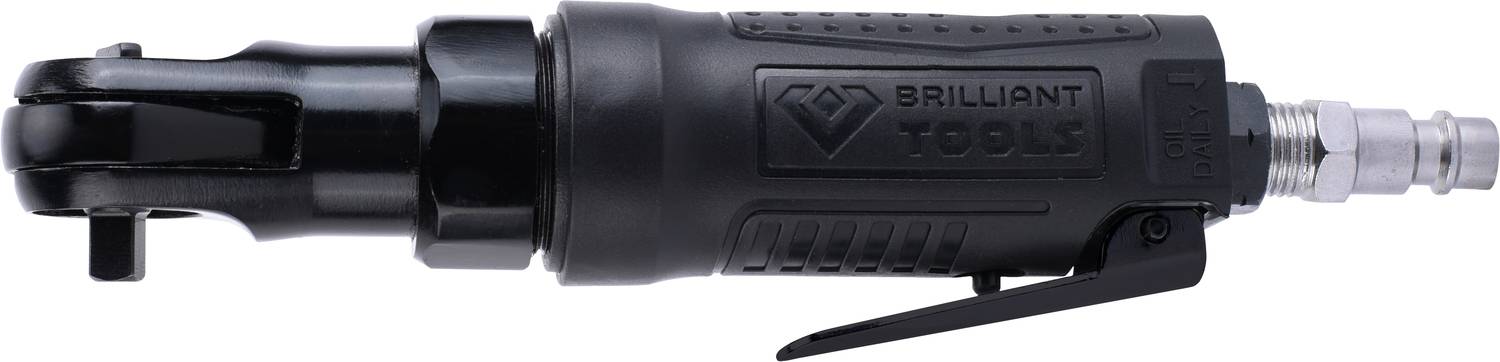 Druckluft-Ratschenschrauber mit schwarzem Gehäuse und Metallanschluss, ideal für Wartungsarbeiten und schnelle Schraubvorgänge.