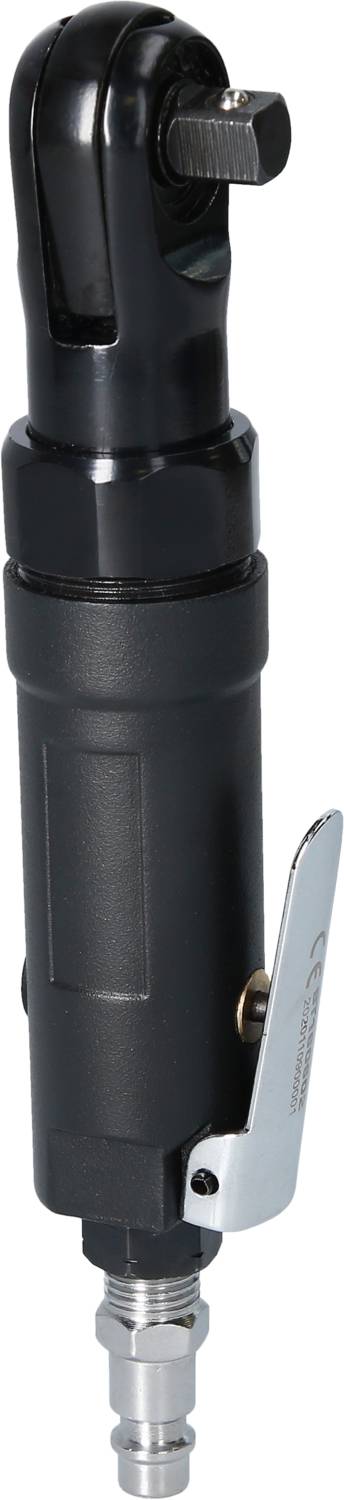 Schwarzer pneumatischer Ratschenschrauber, seitliche Ansicht, metallischer Auslöser und Anschlussadapter unten.