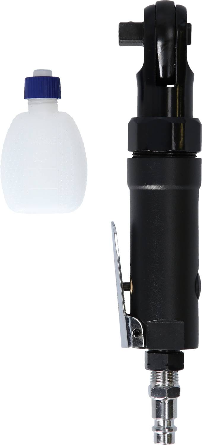 Schwarz lackierte pneumatische Winkelschleifmaschine mit beiliegender Ölflasche.