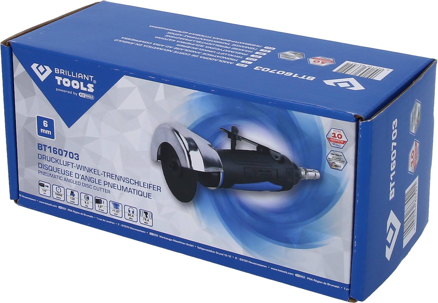 Verpackung eines Druckluft-Winkel-Trennschleifers von 'Brilliant Tools', Modell BT160703. Zeigt Produktbild und Markendetails.