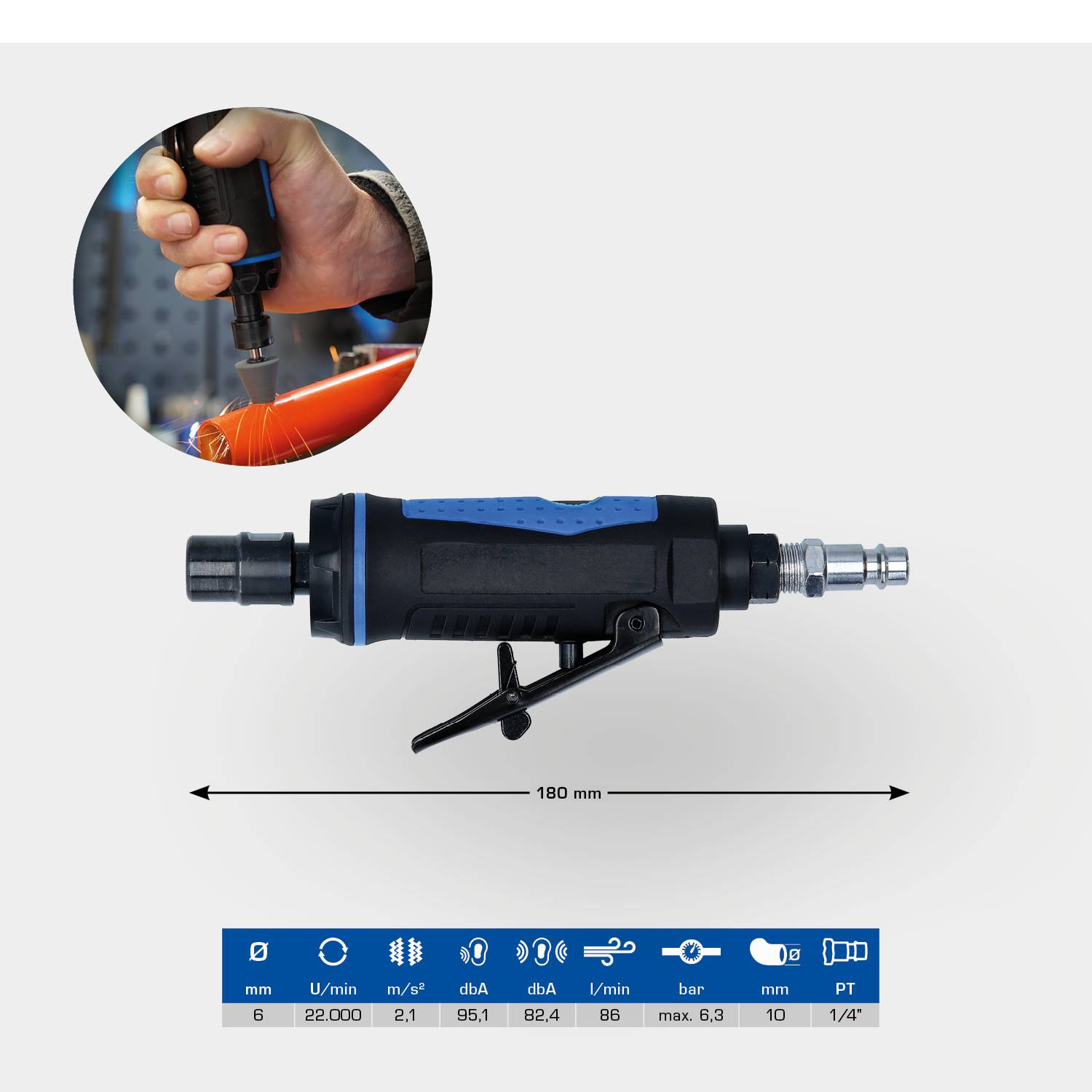 'Druckluftschleifer mit ergonomischem Design, geeignet für präzise Schleifarbeiten. Technische Daten: 6 mm, 22.000 U/min, 85,1 dB(A).'