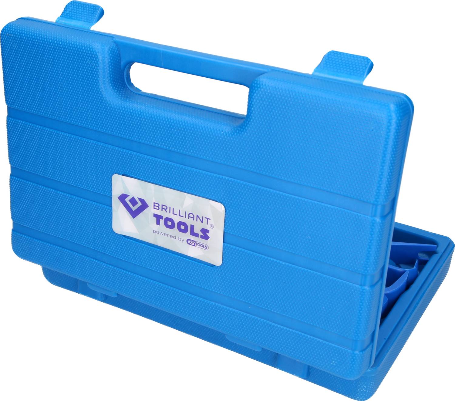 Blauer Werkzeugkoffer mit Griff, Aufschrift 'Brilliant Tools'.