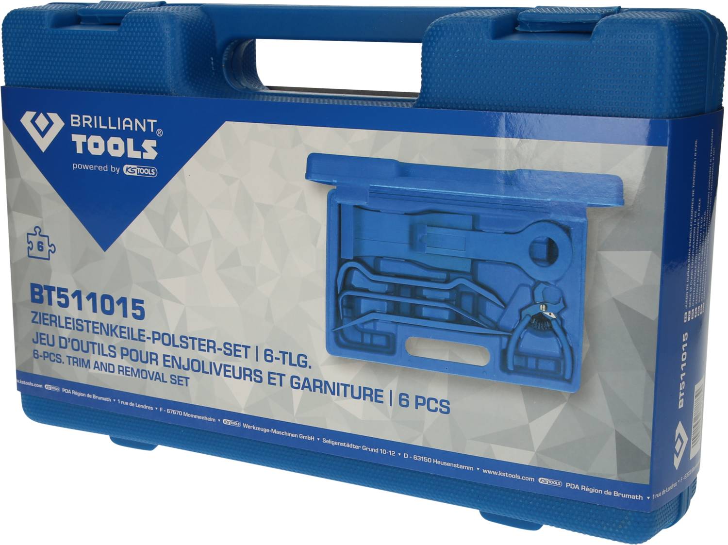 Blauer Werkzeugkoffer mit der Aufschrift 'Brilliant Tools'. Enthält ein 6-teiliges Zierleistenkeile-Polster-Set zur Werkzeugentfernung.