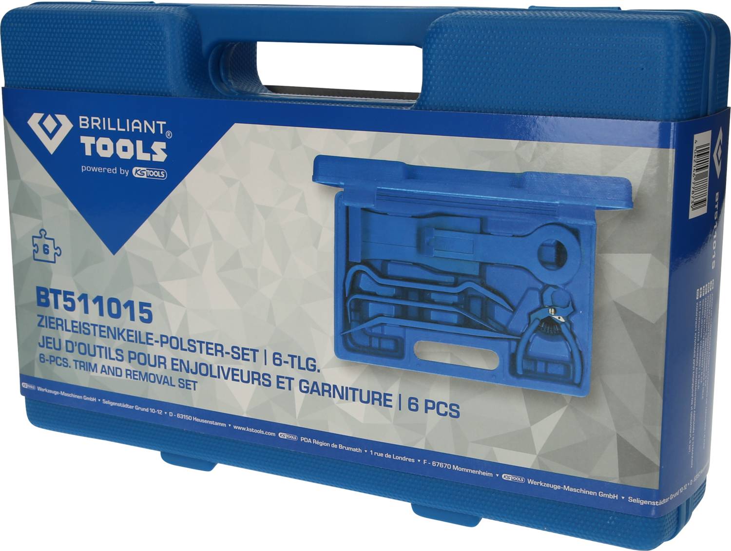 Blauer Werkzeugkoffer mit der Aufschrift 'Brilliant Tools' und 'BT511015 Zierleistenkeile-Polster-Set | 6-TLG.'.