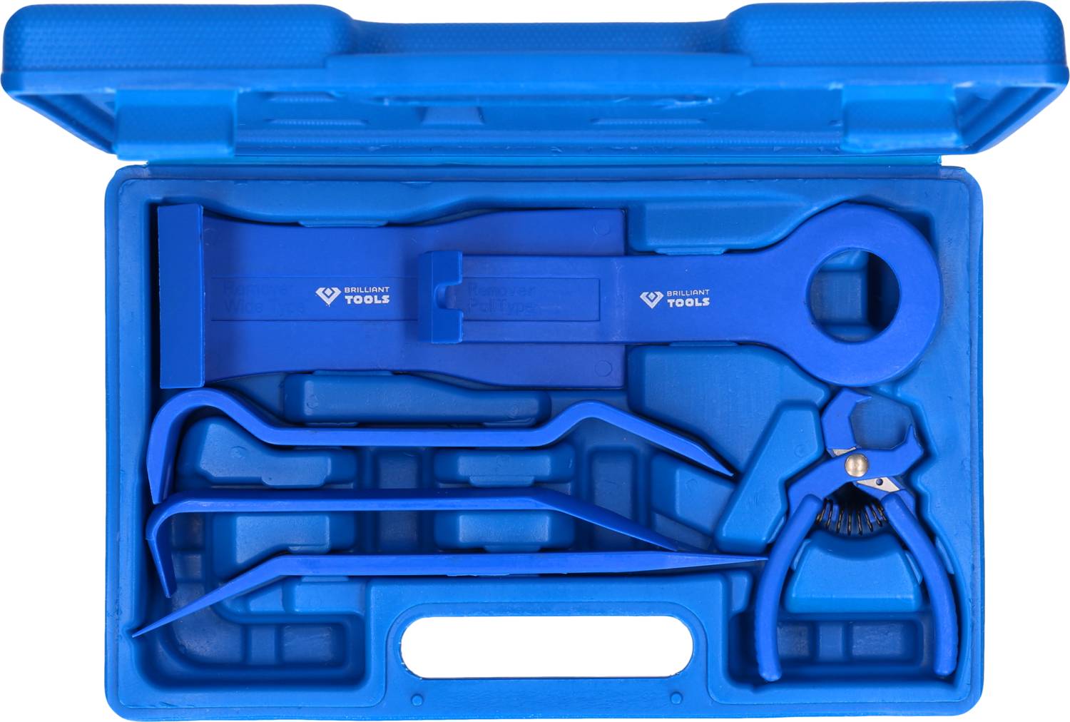 Blauer Werkzeugkasten mit Kunststoffhebeln und Zange, speziell zum Entfernen von Innenverkleidungen von Autos ausgelegt.