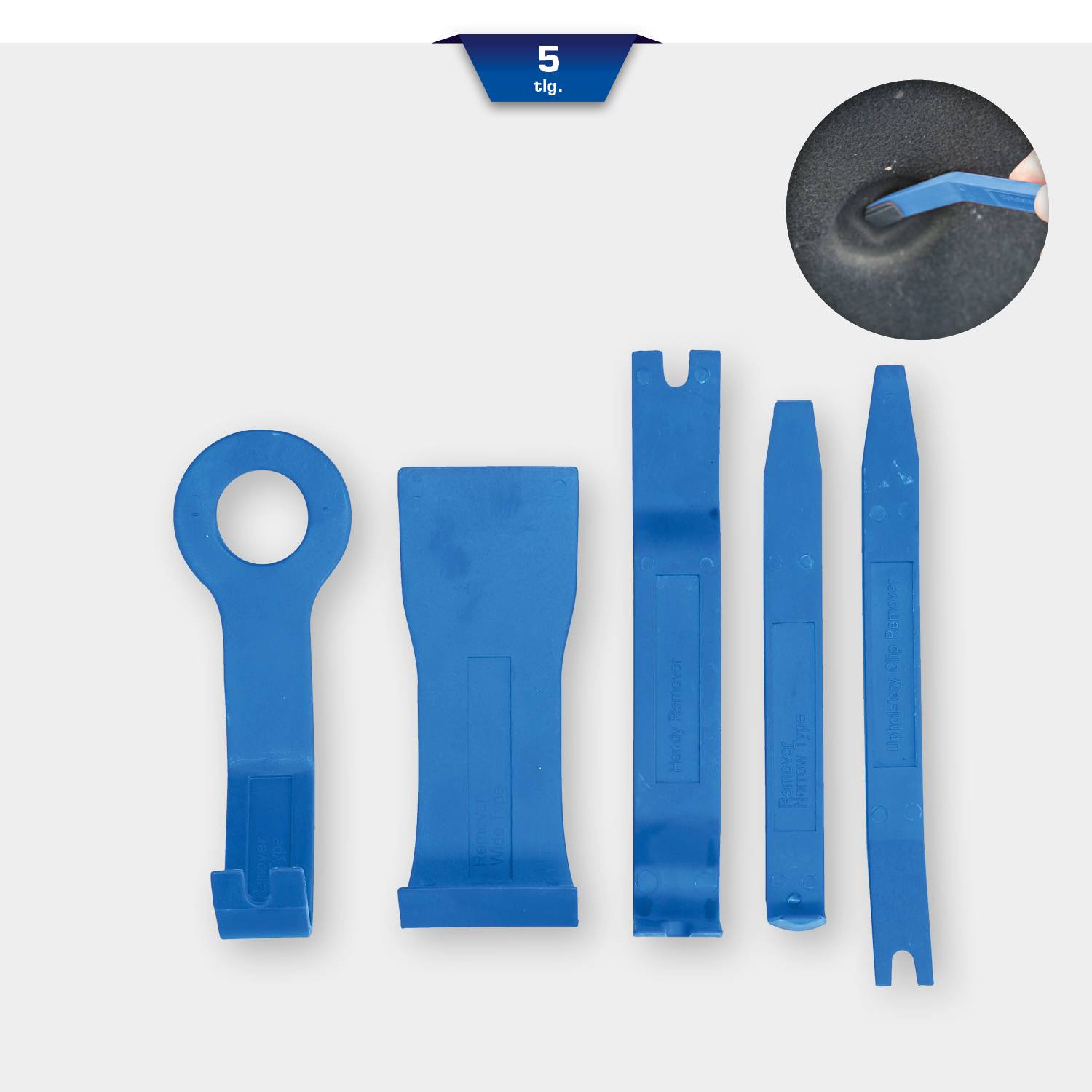 Ein blaues 5-teiliges Set von Kunststoff-Hebelwerkzeugen, angezeigt auf grauem Hintergrund, für das Entfernen von Verkleidungen.