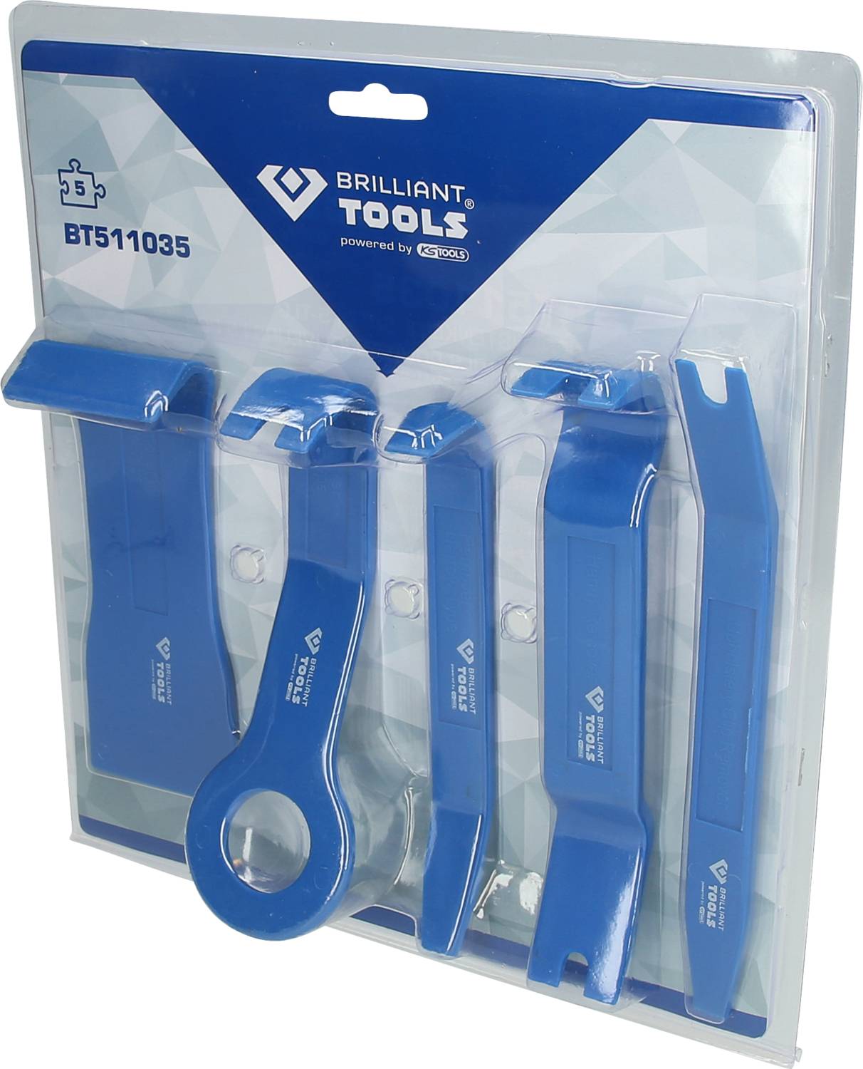 Fünf blaue Kunststoff-Demontagehebel für Auto-Innenverkleidungen, in transparenter Verpackung, mit 'Brilliant Tools'-Logo.