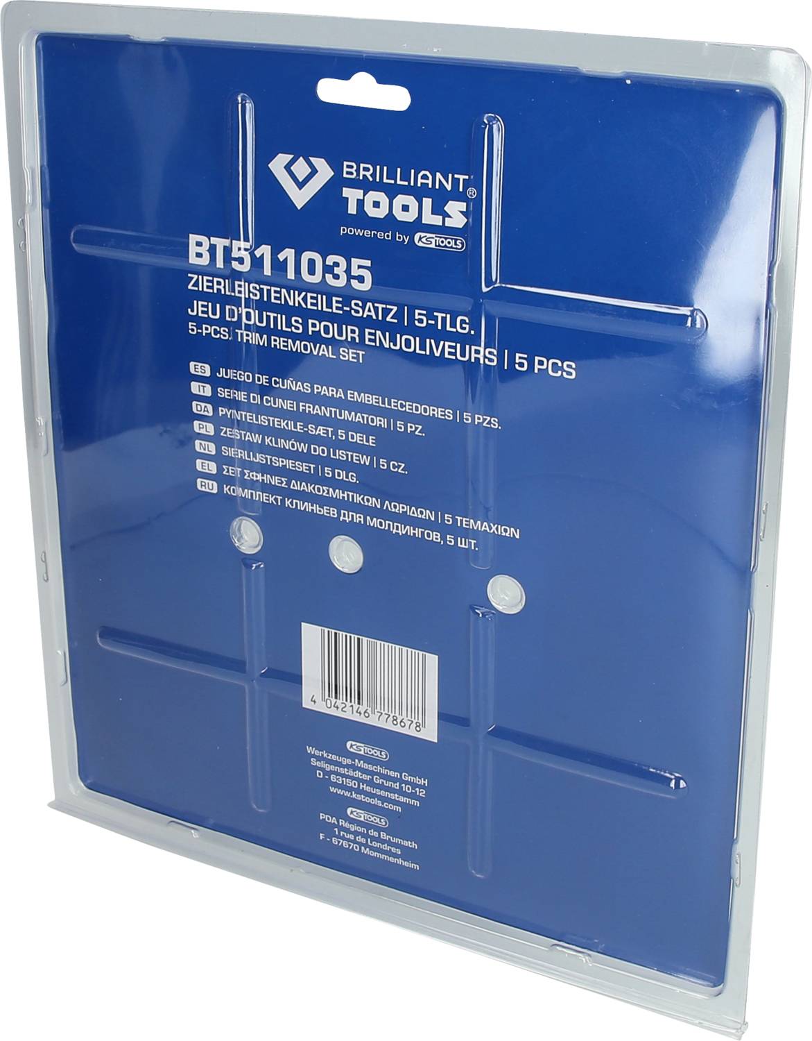 Verpackung eines fünfteiliges Zierleistenkeile-Satzes von Brilliant Tools, Artikelnummer BT511035, für die Entfernung von Zierleisten.