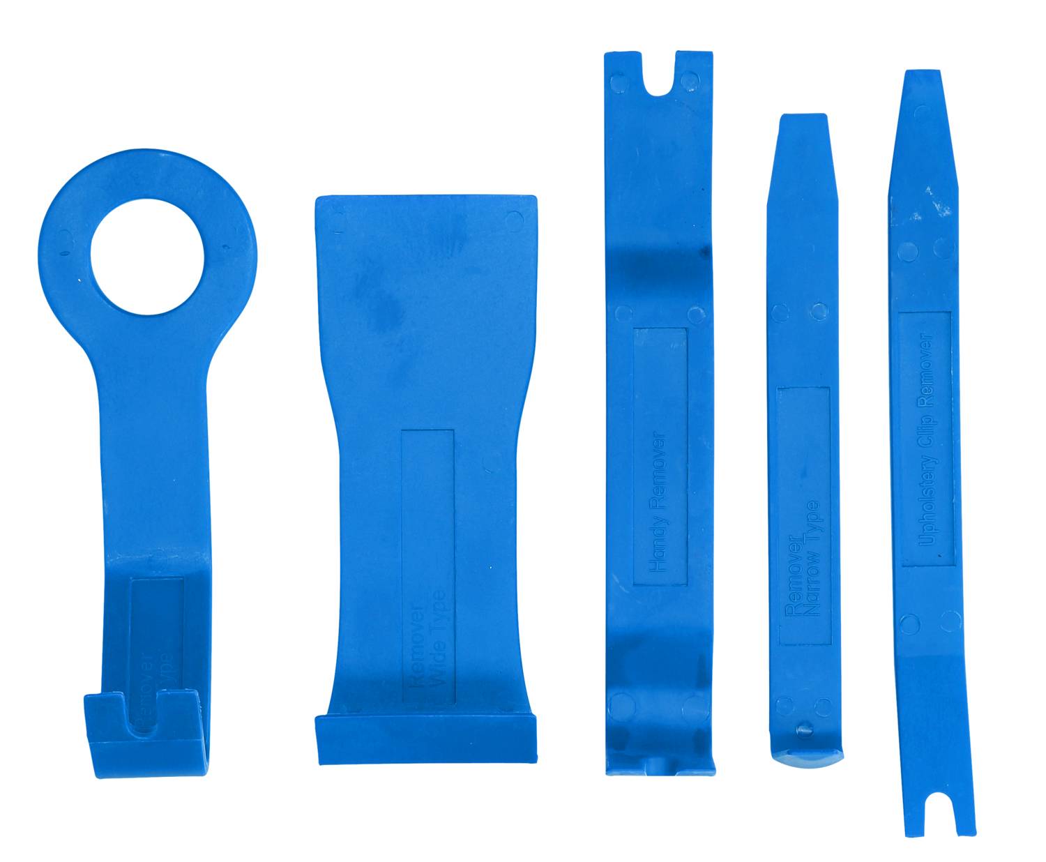 Fünf blaue Kunststoffwerkzeuge, die zum Entfernen von Verkleidungen oder Clips in Fahrzeugen verwendet werden.