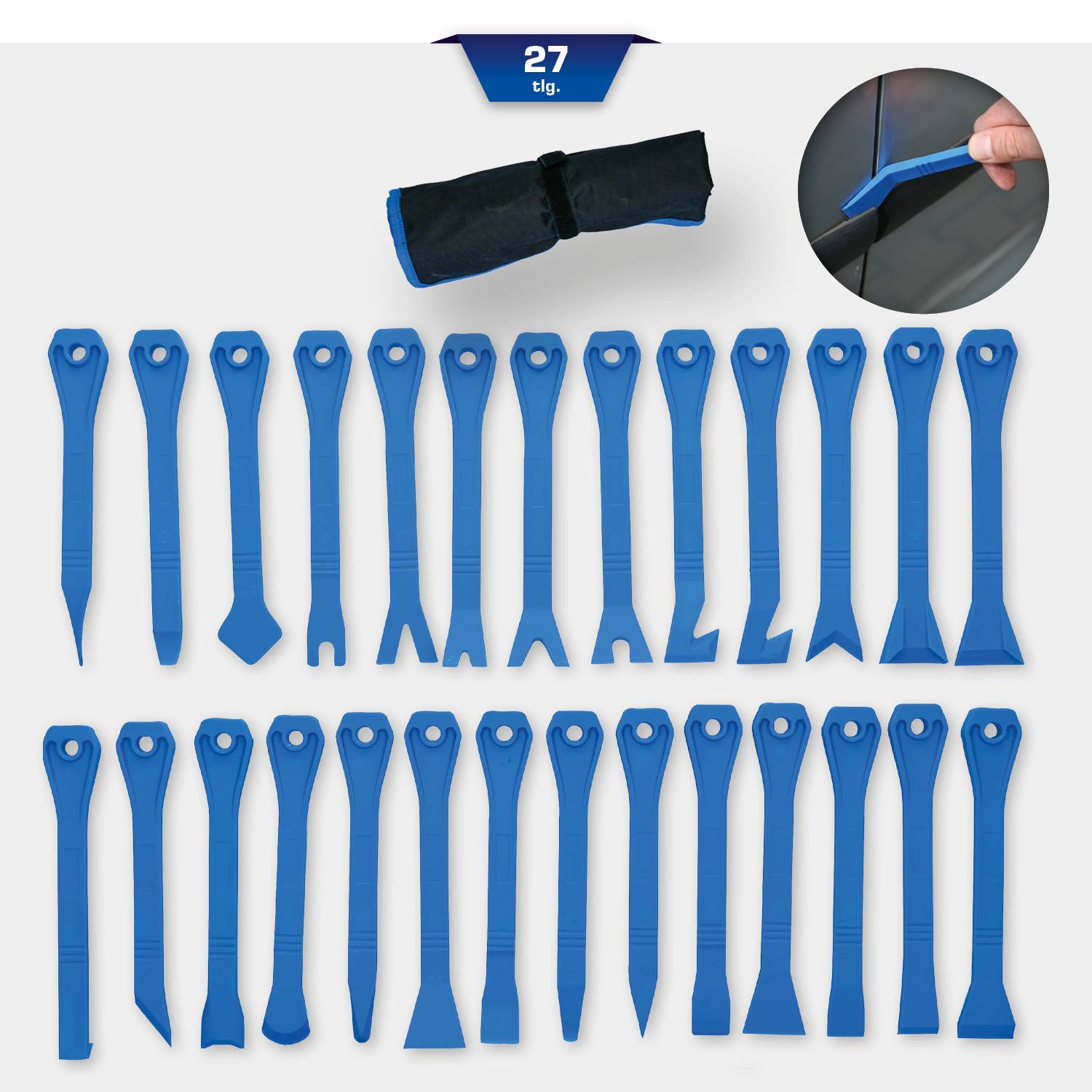 Ein 27-teiliges blaues Kunststoffhebelwerkzeugset und eine schwarze Tragetasche. Eignet sich zum Entfernen von Verkleidungen im Auto.