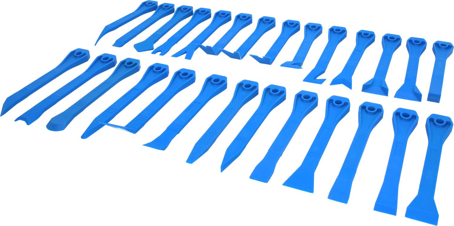 Ein Satz blaue Kunststoff-Werkzeuge verschiedener Formen und Größen, angeordnet in drei Reihen, verwendet für Hebel- oder Montagearbeiten.