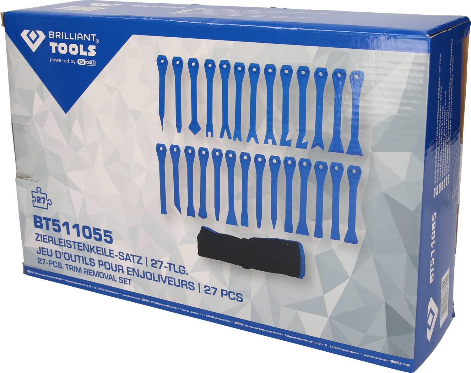 Verpackung eines Zierleistenkeile-Satzes von 'Brilliant Tools'. Enthält 27-teiliges Set für Fahrzeugverkleidungsarbeiten.