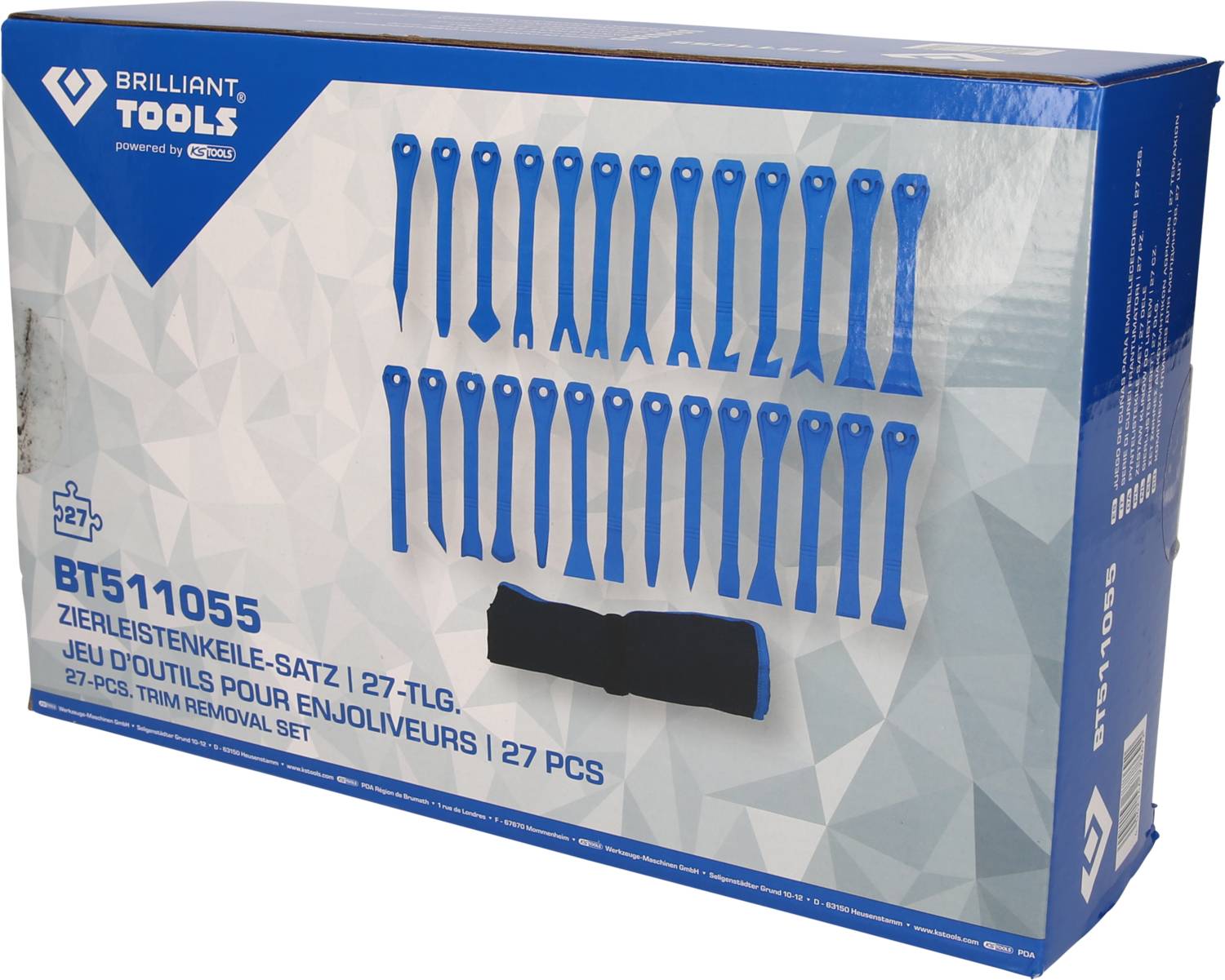 Verpackung eines 27-teiligen Zierleistenkeile-Satzes der Marke 'Brilliant Tools', inkl. Tasche, in Blau und Auflistung der Werkzeuge.