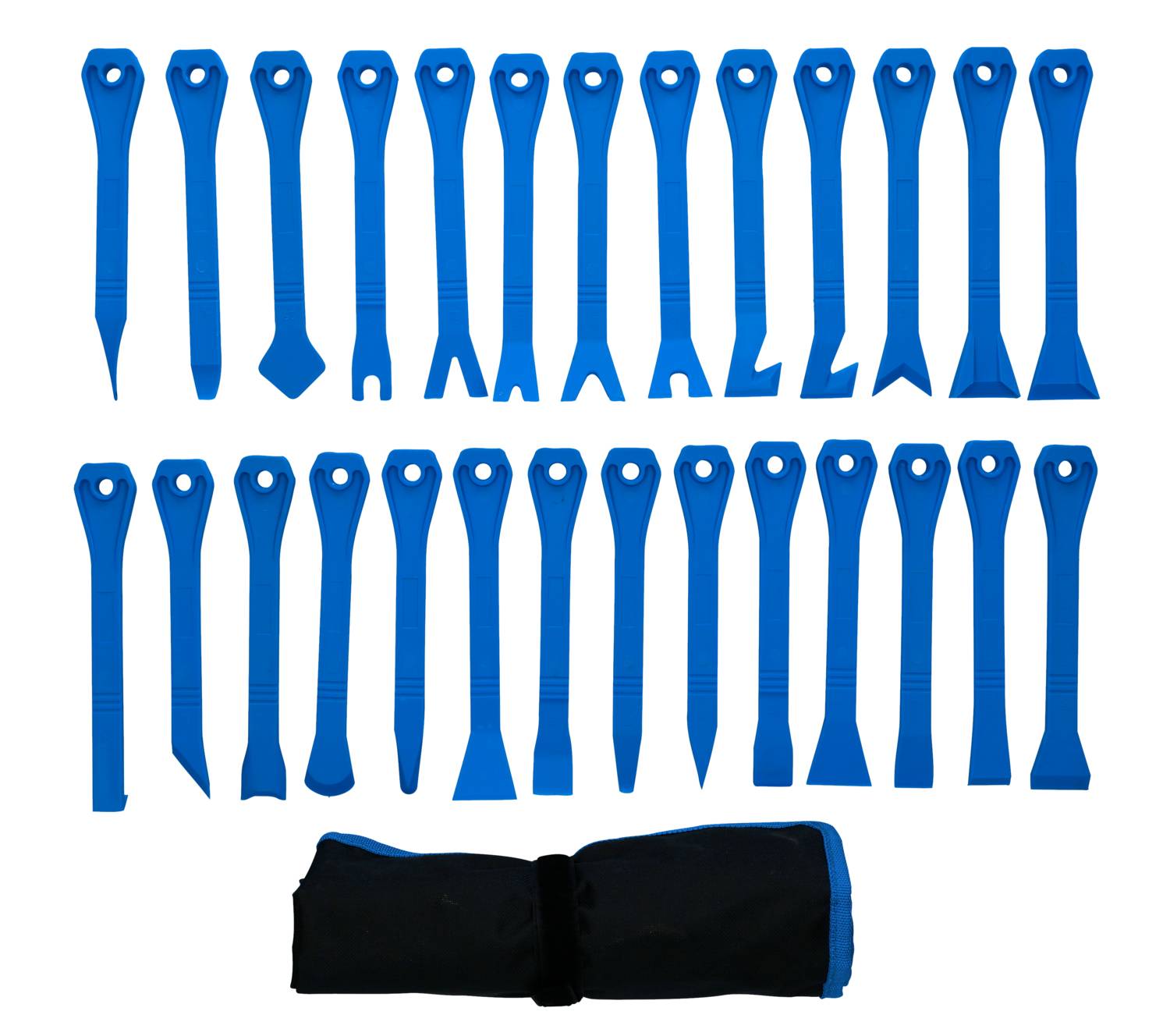 Ein Set aus 27 blauen Kunststoff-Demontagewerkzeugen, die in verschiedenen Formen und Größen für die Fahrzeugreparatur verwendet werden, neben einer schwarzen, zusammengefalteten Tragetasche.