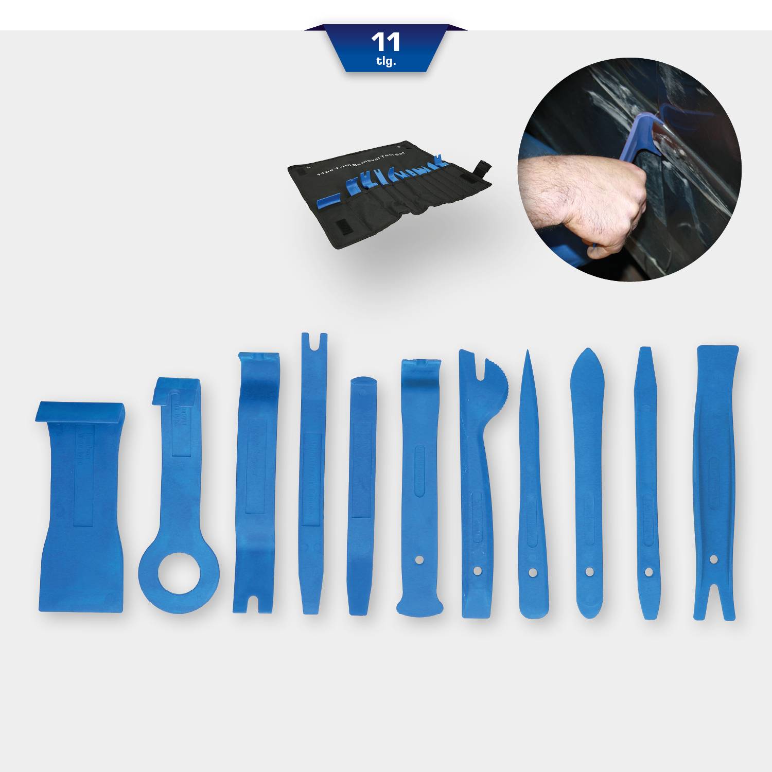 Satz mit 11 blauen Kunststoff-Demontagewerkzeugen für das Entfernen von Verkleidungsteilen im Auto, verschiedene Formen und Größen.
