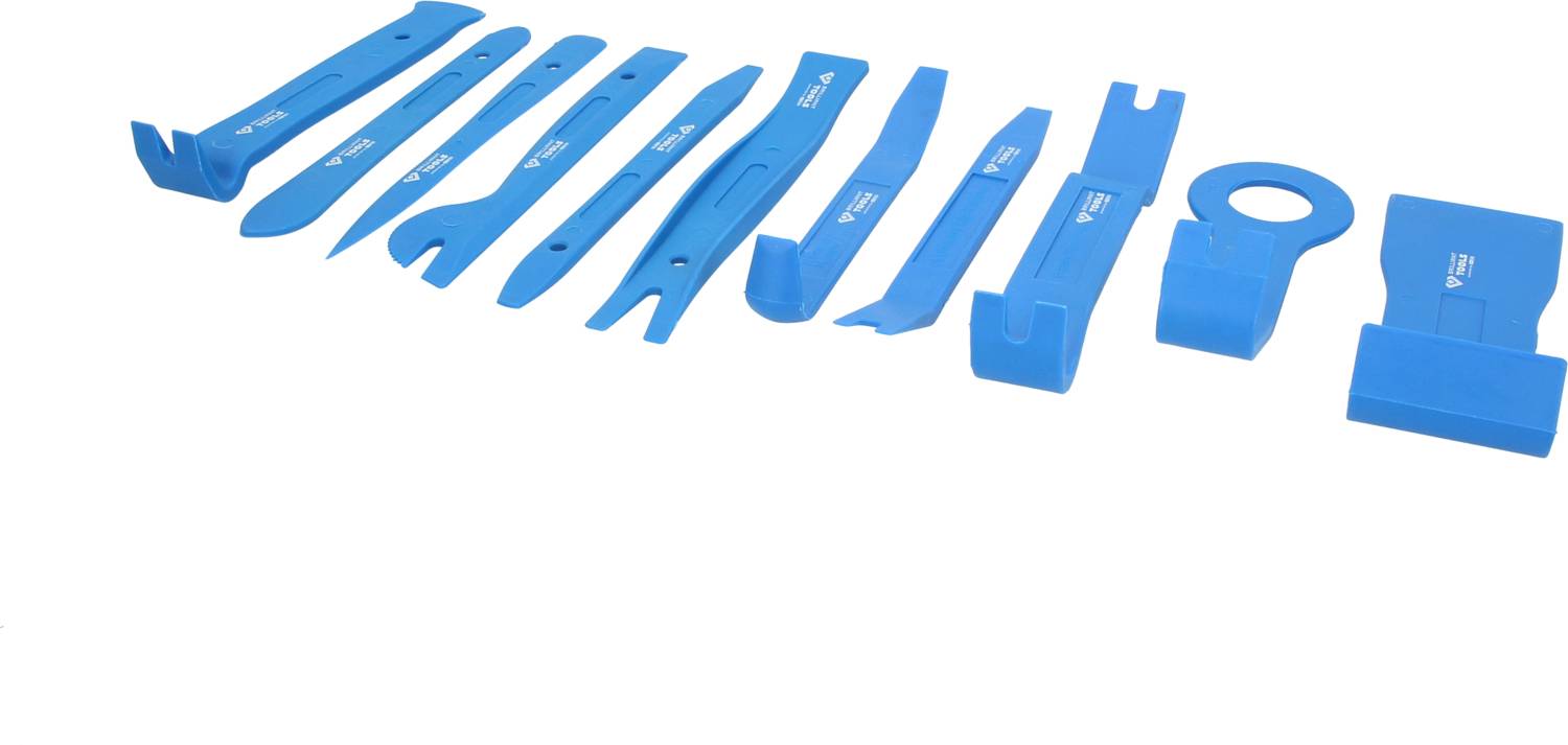 Ein Set aus elf blauen Kunststoff-Demontagewerkzeugen, die für das Lösen von Kfz-Verkleidungen und Clips verwendet werden.