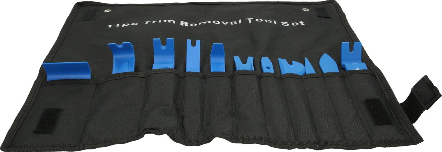 Ein Satz blaue Kunststoffwerkzeuge in einer schwarzen Stofftasche mit dem Aufdruck '5pcs Trim Removal Tool Set'.