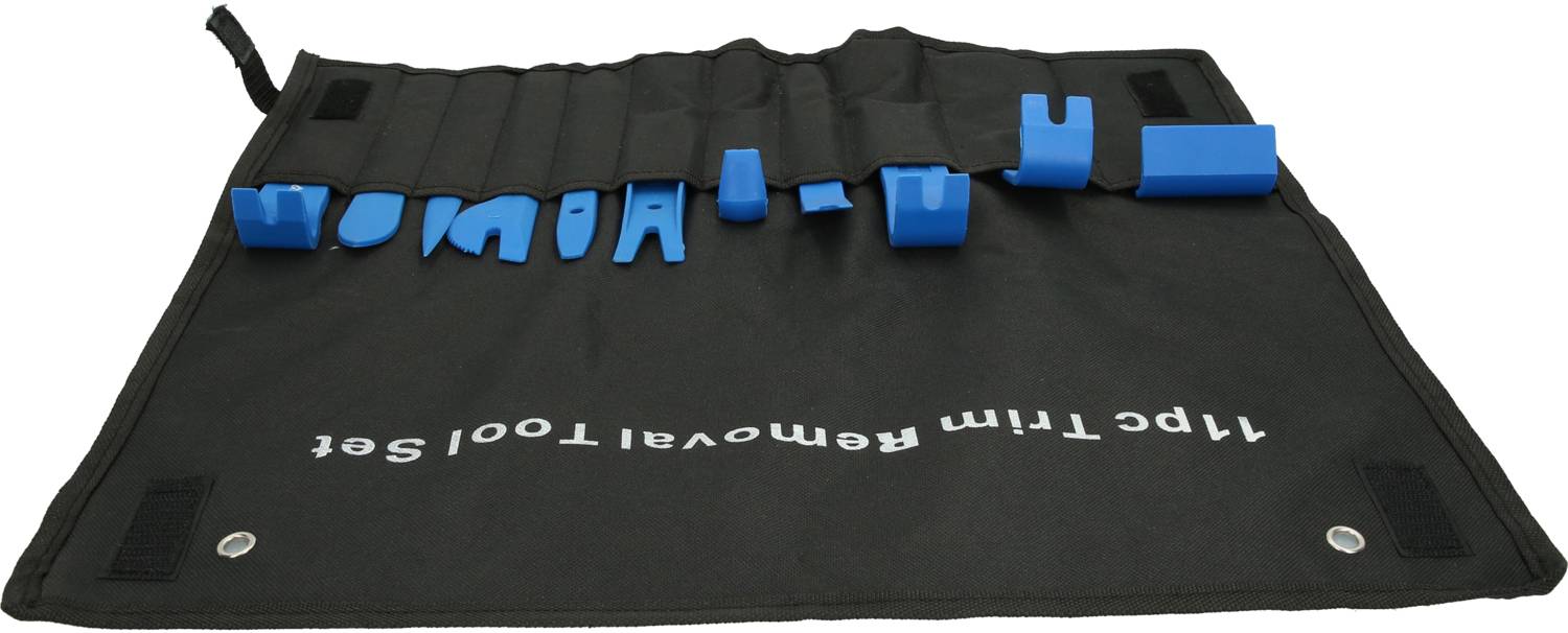 'Satz mit Kunststoff-Werkzeugen zur Entfernung von Verkleidungen in einem schwarzen Etui mit der Aufschrift "11 Pcs Trim Removal Tool Set".'