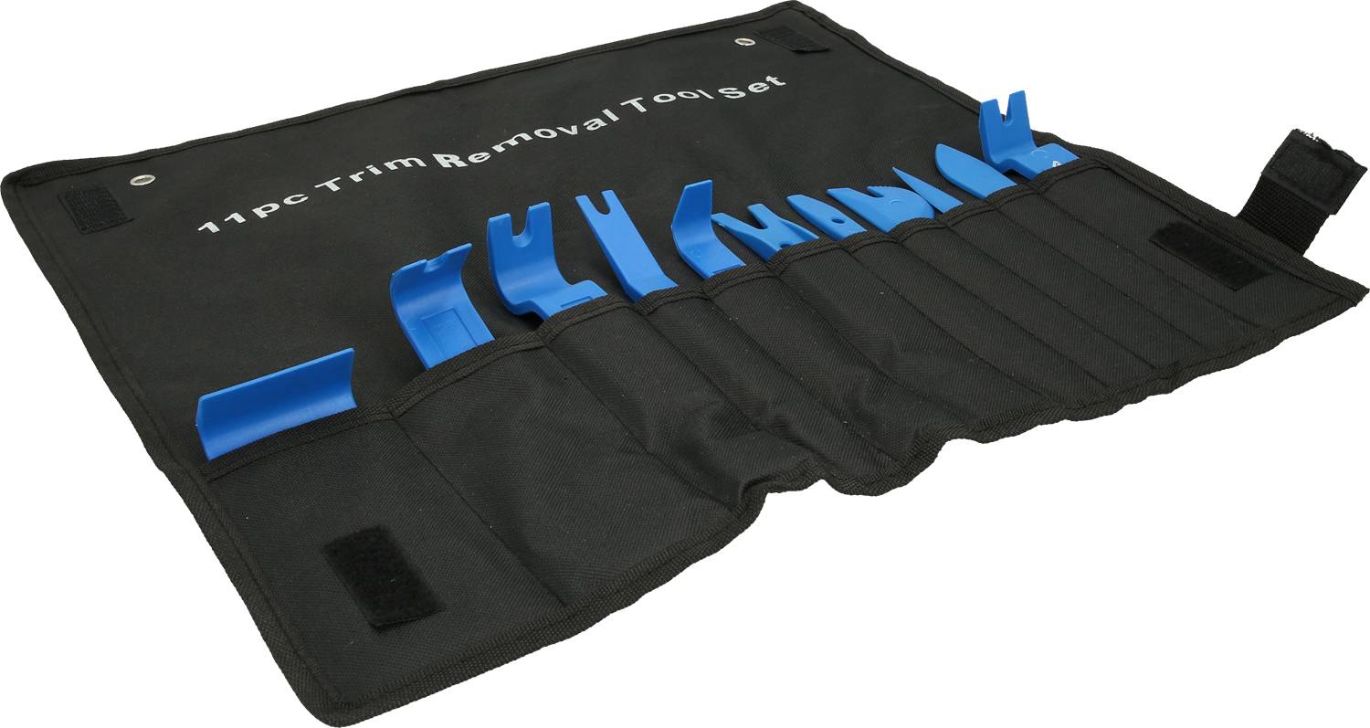 Ein schwarzes Etui mit zehn blauen Trimmentfernungswerkzeugen für Autos, die jeweils in separaten Slots gehalten werden.