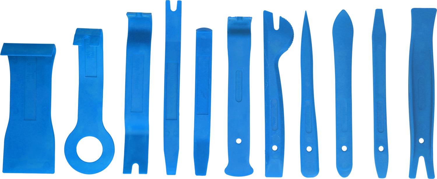 Ein Set von elf blauen Kunststoffwerkzeugen in verschiedenen Formen, verwendet für das Lösen von Verkleidungen und Innenraumpaneelen im Auto.