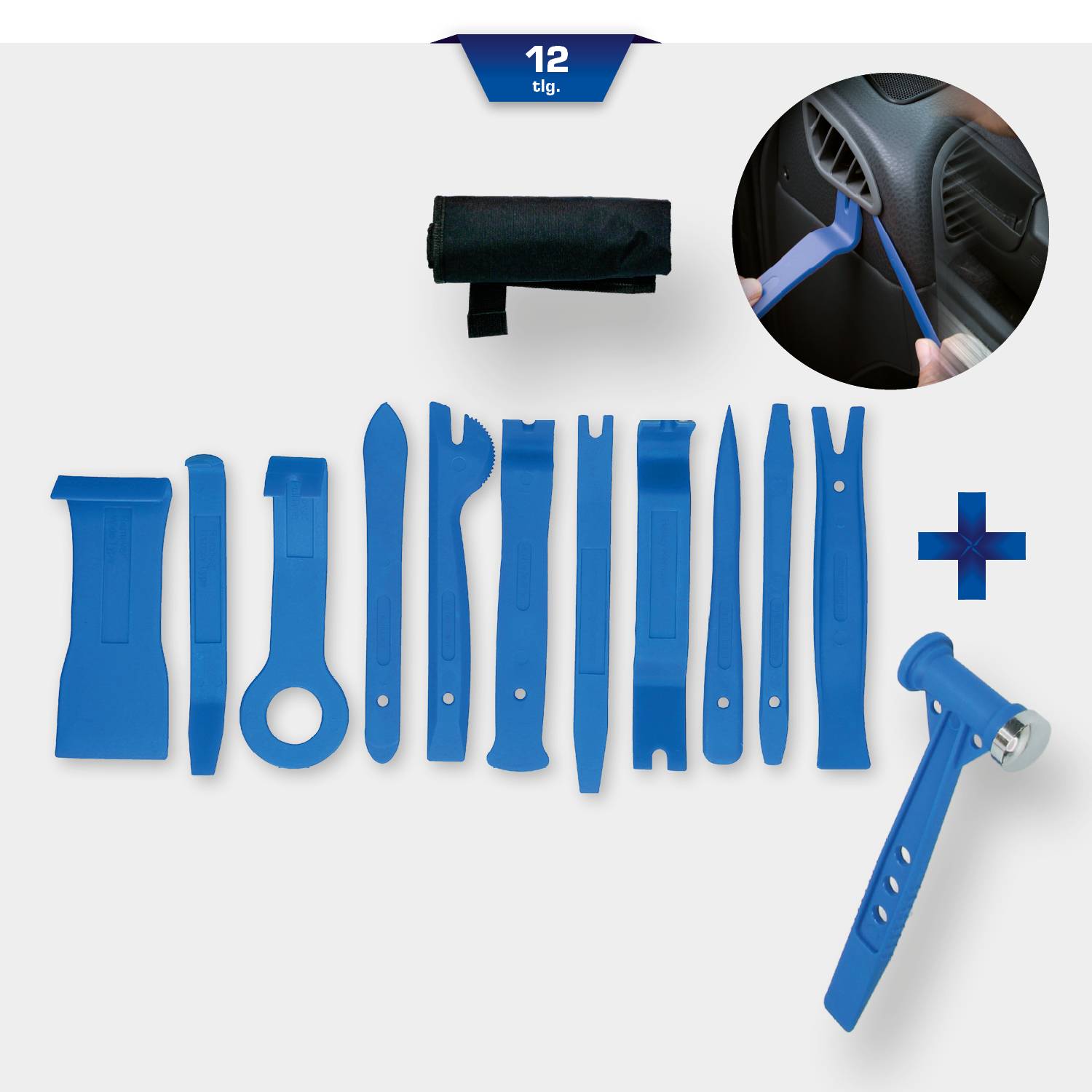 Ein Set von 12 blauen Kunststoffwerkzeugen zum Entfernen von Innenverkleidungen, inklusive Hebelwerkzeuge und Tragetasche.