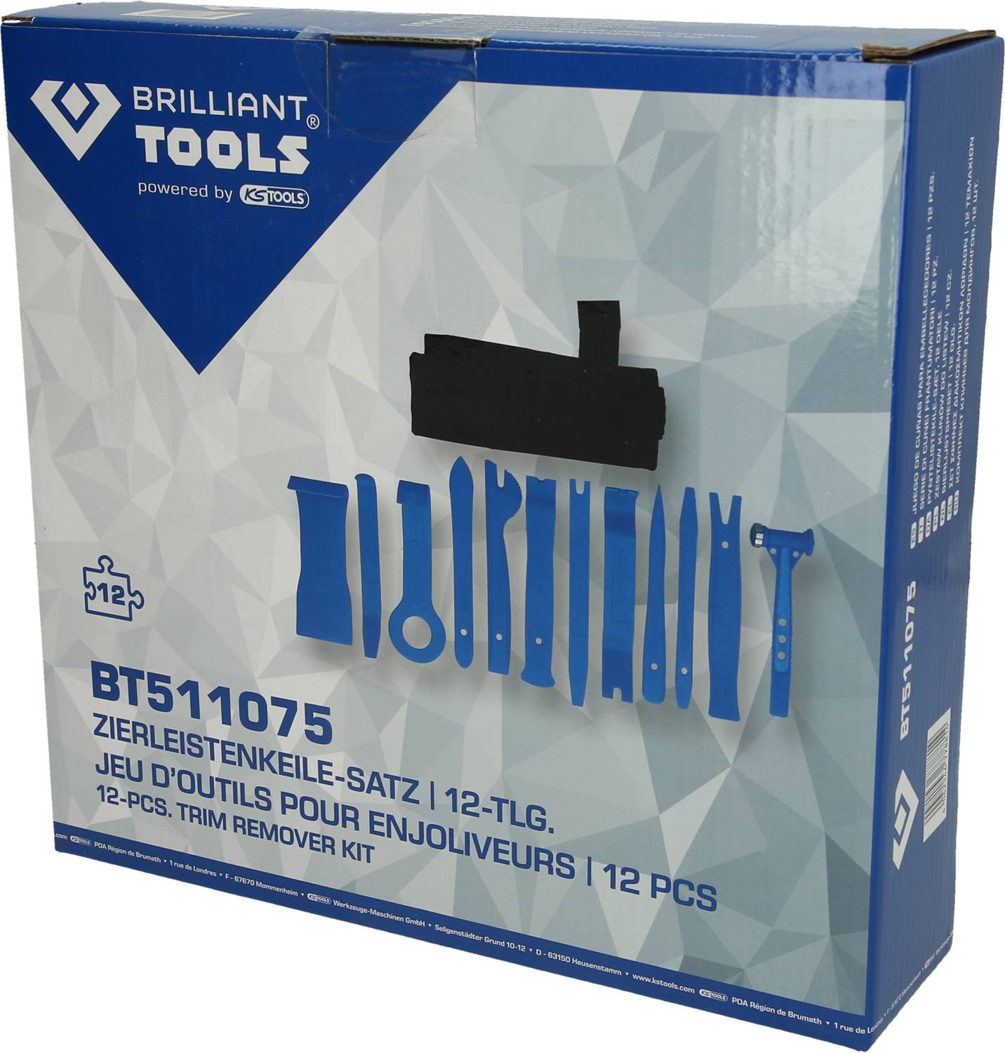 Zierleistenkeile-Satz mit 12 Teilen von Brilliant Tools, abgebildet in einer blauen Verpackung. Enthält verschiedene Werkzeuge.
