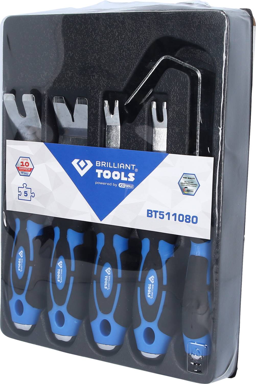 Werkzeug-Set in einer Verpackung, bestehend aus vier blauen Werkzeugen mit ergonomischem Griff, zwei Haken und einem kleinen Hebelwerkzeug.