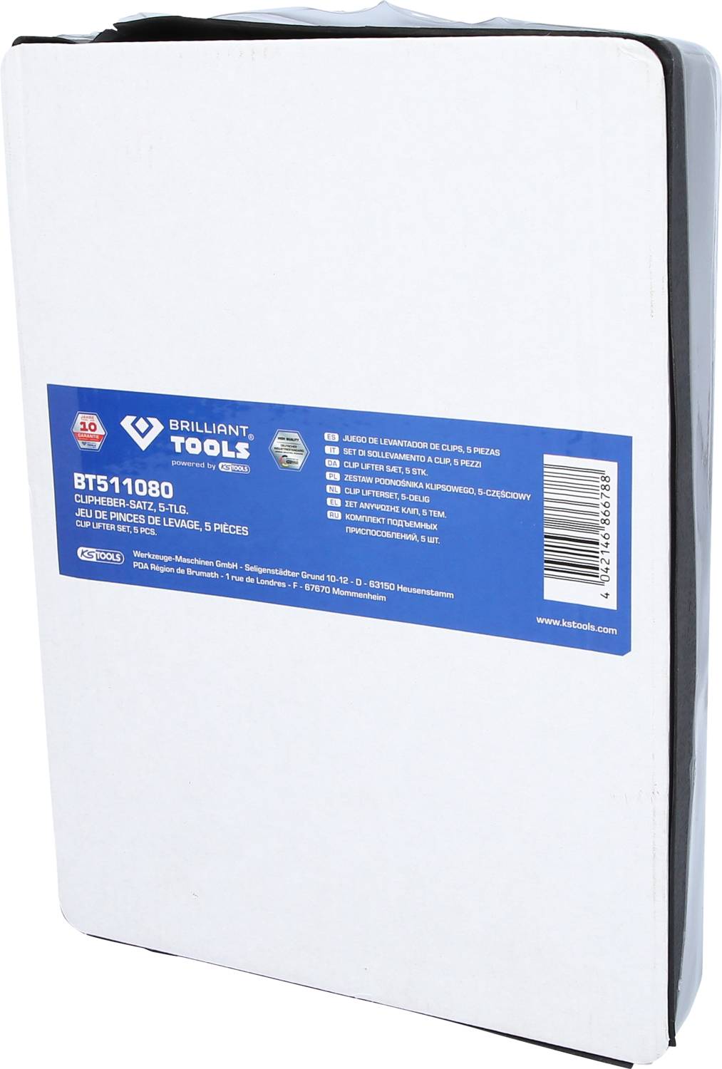 Eine weiße Verpackung mit blauer Banderole. Aufschrift: 'Brilliant Tools BT511080'. Enthält Informationen zu einem 6-teiligen Dübel-Set.