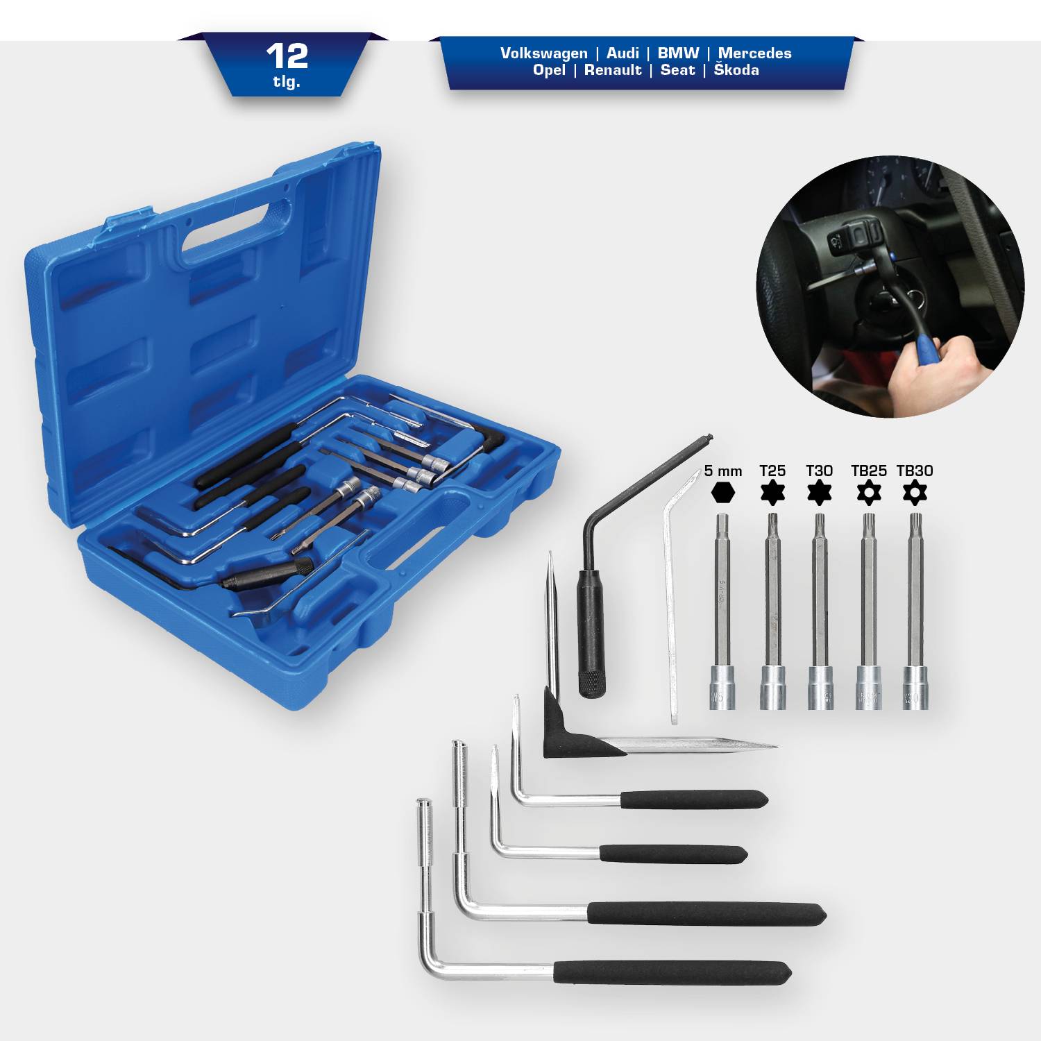 Eine blaue Werkzeugbox mit verschiedenen Innen-Torx-Schlüsseln. Ein Foto zeigt die Verwendung eines Werkzeugs für Reparationen im Auto.