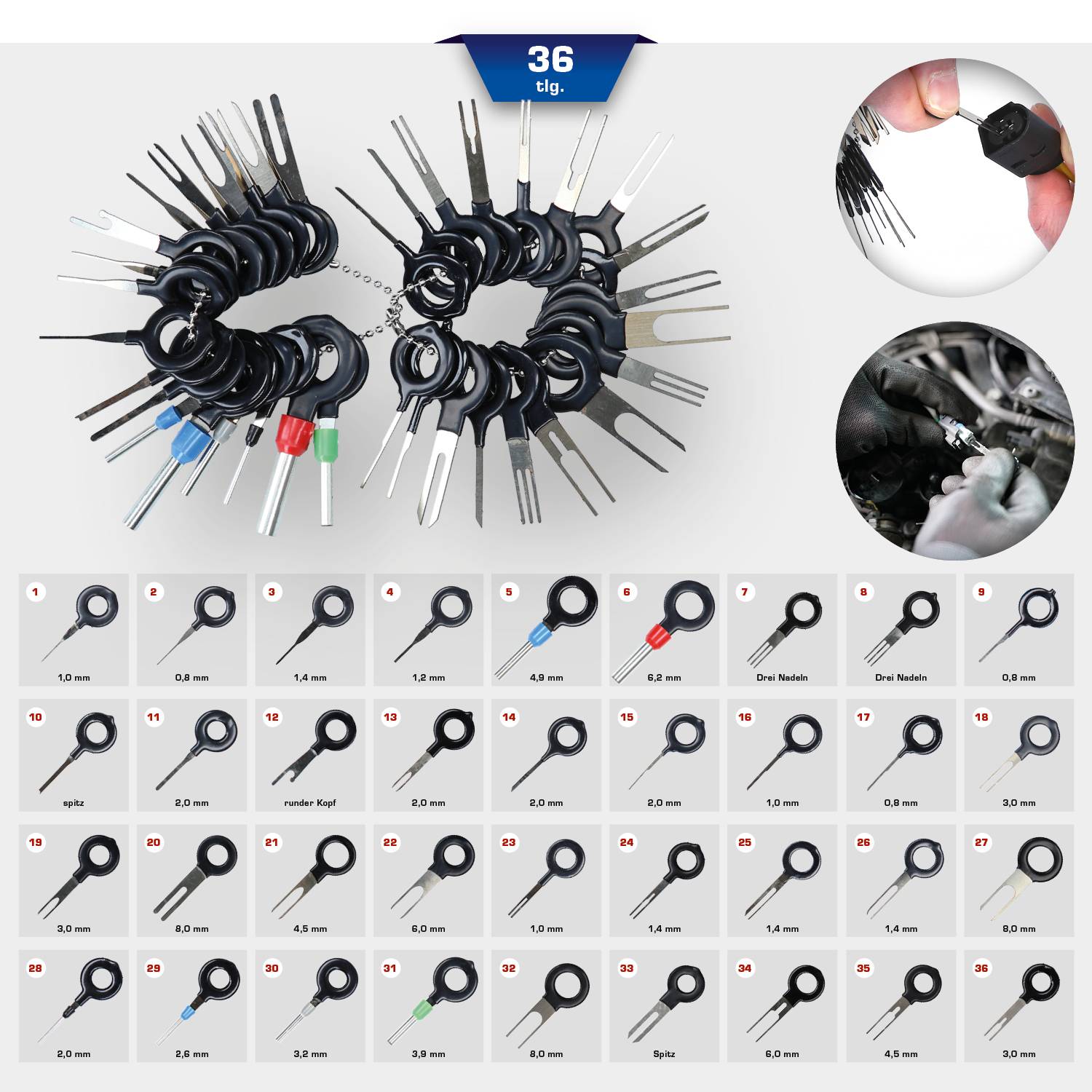 Ein 36-teiliges Set von Kfz-Steckerentfernern mit verschiedenen Größen. Kreisförmig angeordnet, zeigt das Bild zwei Nahaufnahmen der Nutzung im Kfz-Bereich.