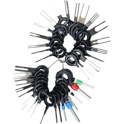 Ein Set von Entfernungswerkzeugen mit verschiedenen Metallspitzen und Griffen an einer kleinen Kette befestigt.