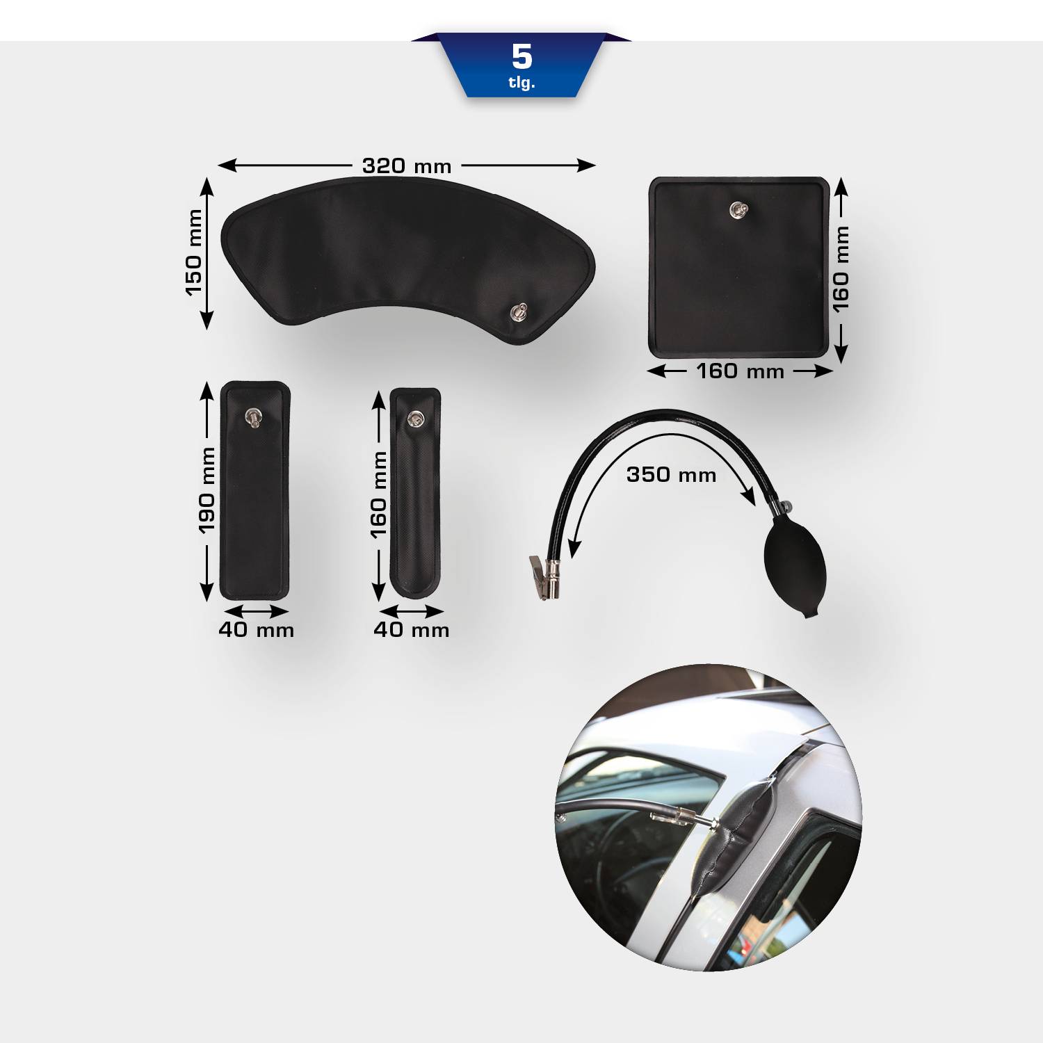 'Satz von fünf schwarzen Polstern unterschiedlicher Formen mit Maßen, verwendet für Auto-Dachträgerbefestigung.'