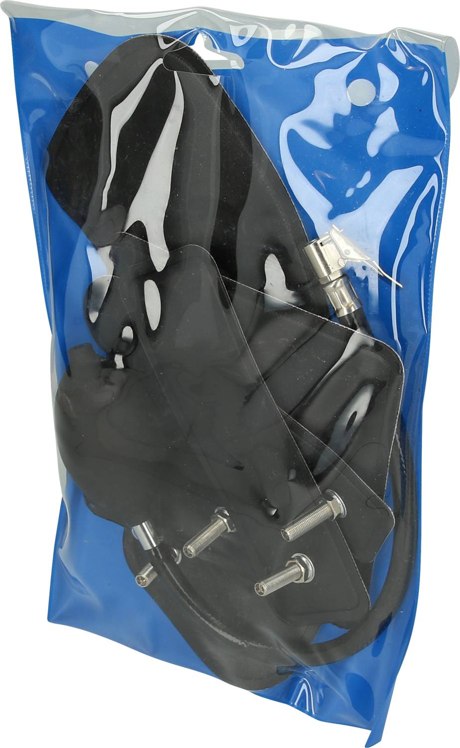Ein Satz Surfbrett-Finnen in einer transparenten, blauen Verpackung. Enthält Schrauben und Kleinteile zur Montage.
