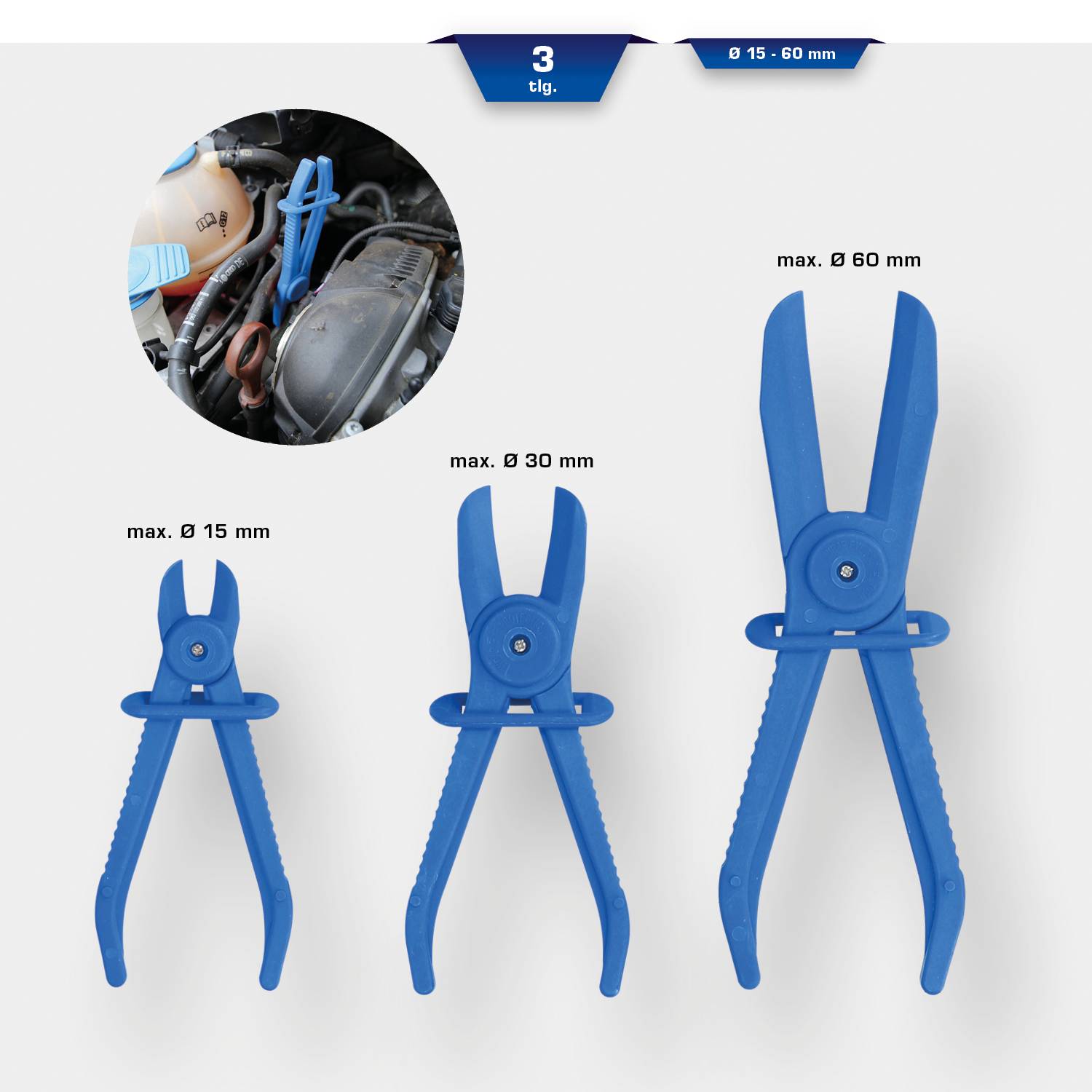 'Drei-teiliges Set von blauen Schlauchklemmen in drei Größen (15 mm, 30 mm, 60 mm) zur Verwendung an verschiedenen Autoteilen.'