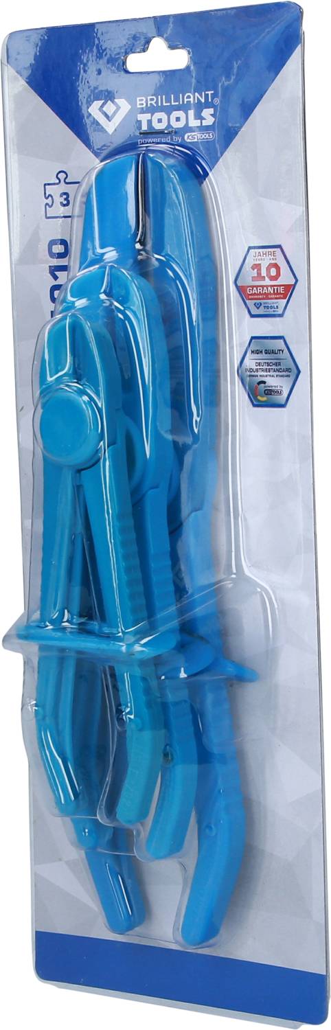Eine Packung mit drei blauen Schlauchklemmenzangen der Marke 'Brilliant Tools', geeignet zum Abklemmen von Schläuchen.