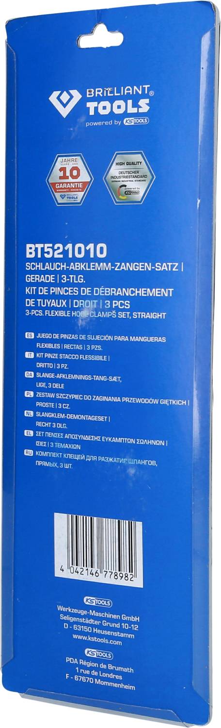 Verpackung eines Schlauch-Abklemm-Zangensatzes der Marke 'Brilliant Tools'. Enthält 3 gerade Zangen. Produktinfos in mehreren Sprachen.